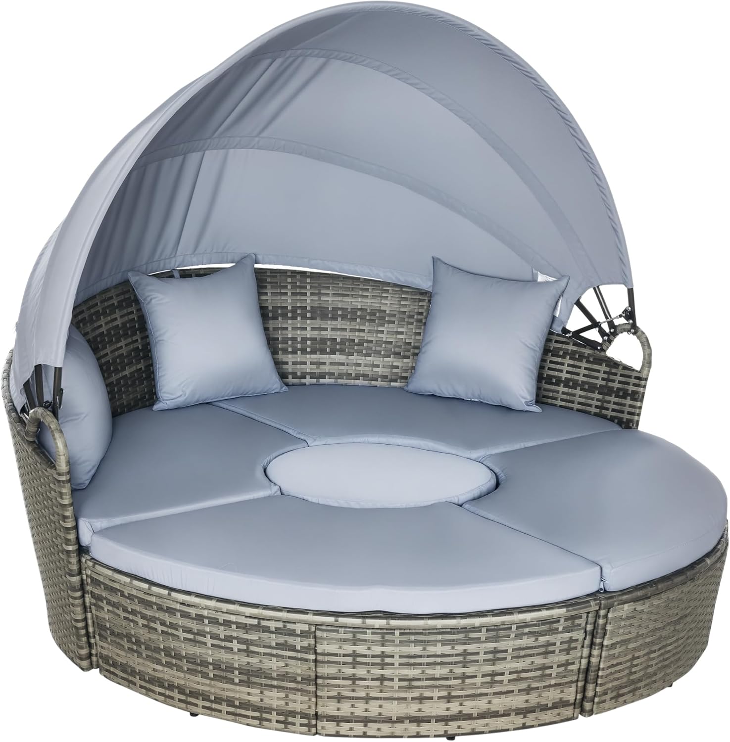 Outsunny 4 Piece Round Rattan Daybed, Convertible Patio Furniture Set, Adjustable Sun Canopy, Sectional Outdoor Sofa, 2 Chairs, Extending Tea Table Ottoman Chair, 3 Pillows, Gray