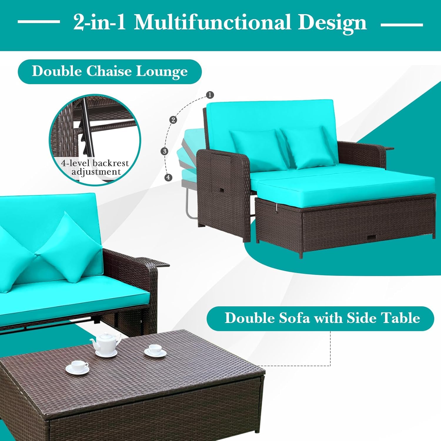 Tangkula Patio Rattan Daybed with 4-Level Adjustable Backrest, Outdoor PE Wicker Loveseat with Storage Ottoman & Folding Side Tray, Double Sunbed Lounger for Balcony, Backyard & Poolside, Turquoise
