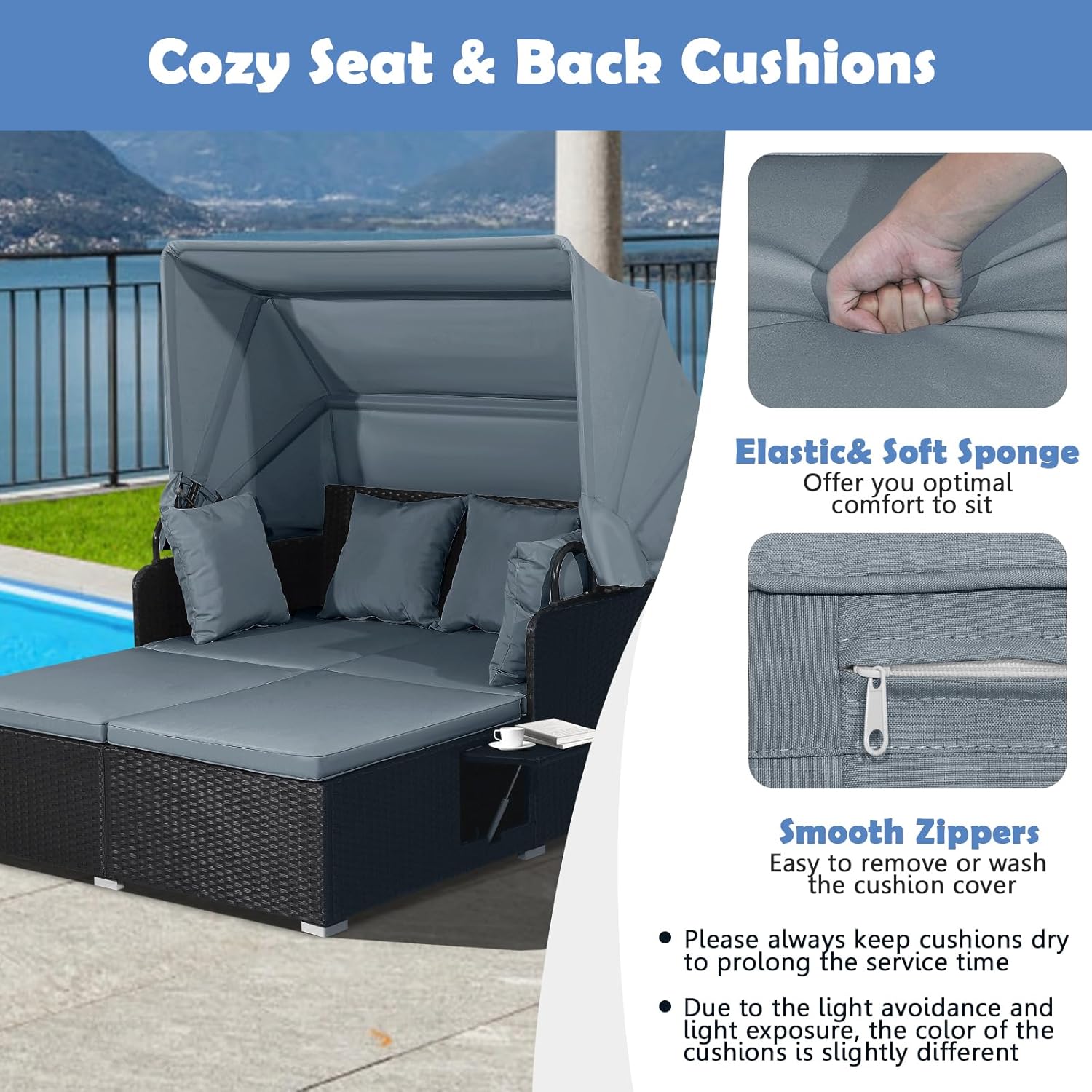 Salches Outdoor Rattan Daybed with Retractable Canopy, High-Resilient Soft Cushions, Foldable Side Trays, Outdoor Bed Loveseat for Garden, Backyard, Porch (Gray)