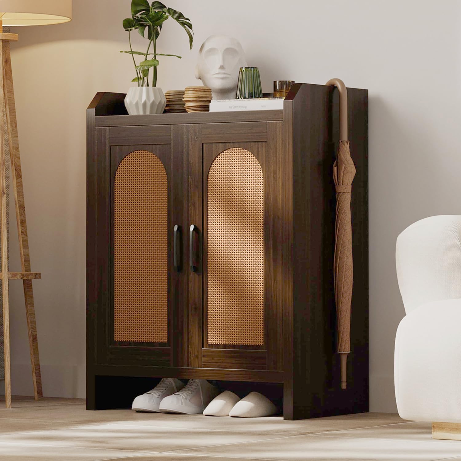Mericonia Shoe Cabinet Storage for Entryway, Natural Rattan Storage Cabinet, Wooden Shoe Rack, Farmhouse Boho Wood Shoe Organizer Cabinet for Hallway Walnut