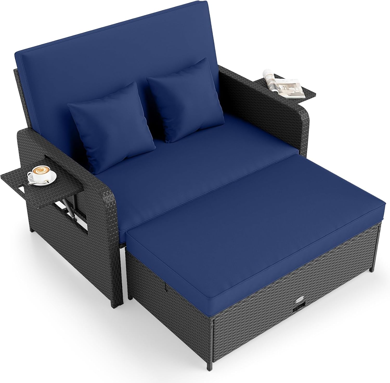 Tangkula Patio Rattan Daybed with 4-Level Adjustable Backrest, Outdoor PE Wicker Loveseat with Storage Ottoman & Folding Side Tray, Double Sunbed Lounger for Balcony, Backyard & Poolside, Turquoise