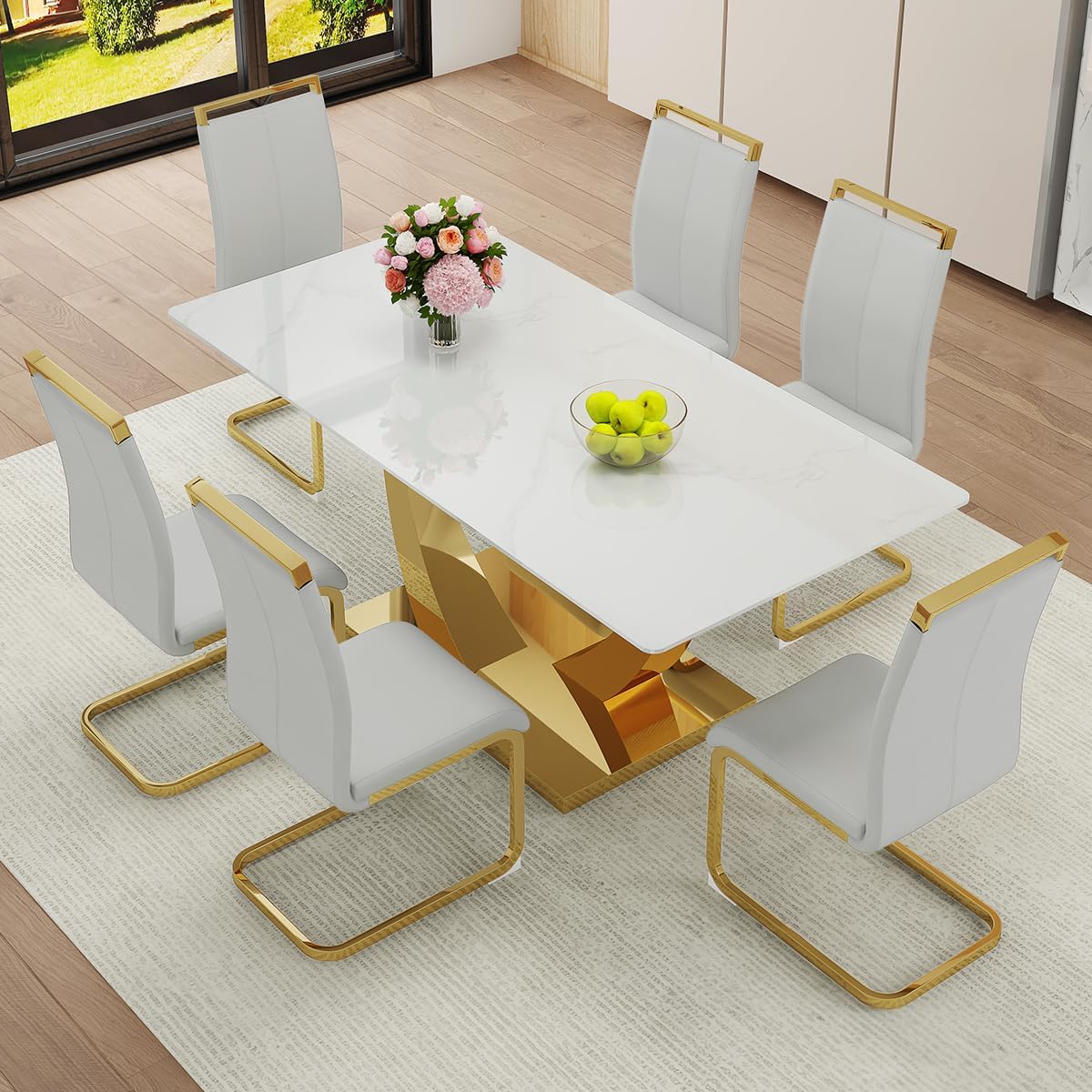 Faux Marble Dining Table Set for 6,71” Modern Dining Room Table Set for 6,Luxury Gold Kitchen Table and 6 White PU Leather Chairs, Rectangular Tempered Glass Table Set with Glossy Marble Top