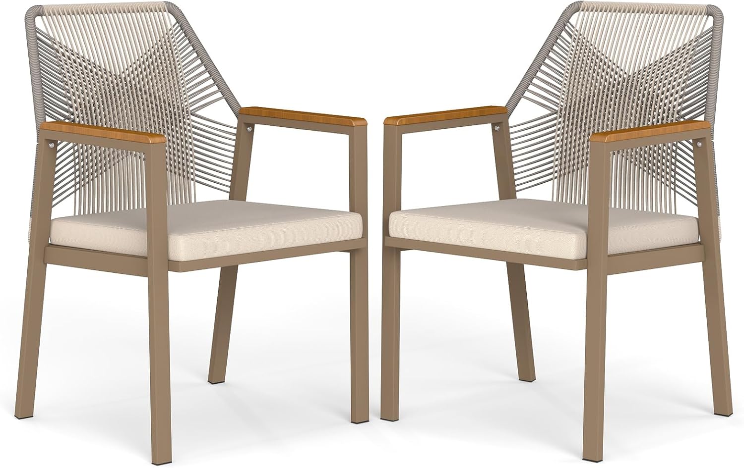 Aluminum Outdoor Patio Dining Chairs - Imitation Rope Vine Chair Ergonomic Backrest Design Detachable Seat Cushion Soft and Breathable Garden Porch, Light Brown Set of 2