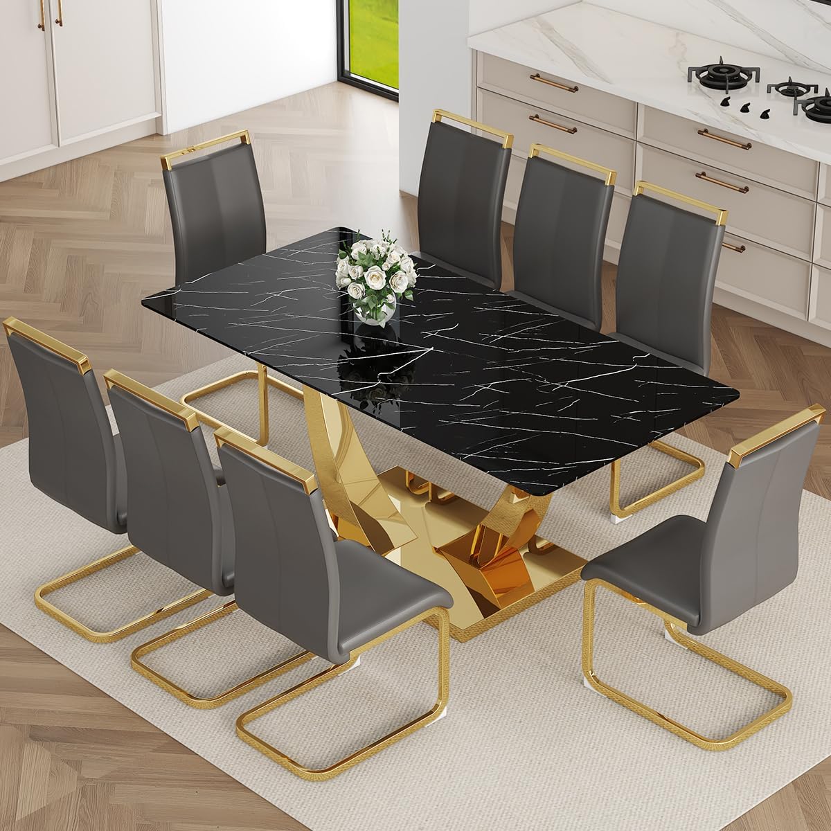 Faux Marble Dining Table Set for 6,71” Modern Dining Room Table Set for 6,Luxury Gold Kitchen Table and 6 White PU Leather Chairs, Rectangular Tempered Glass Table Set with Glossy Marble Top