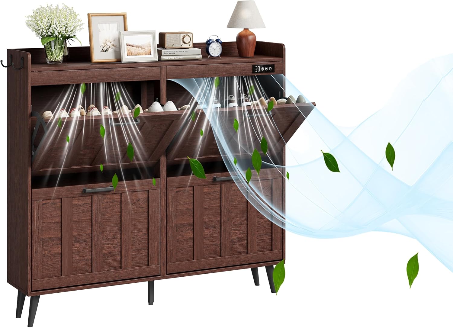 ChooChoo Shoe Storage Cabinet with 2 Flip Drawers, Deodorizing Shoe Organizer Storage for Entryway, Freestanding Hidden Slim Narrow Shoe Rack Cabinet, Walnut