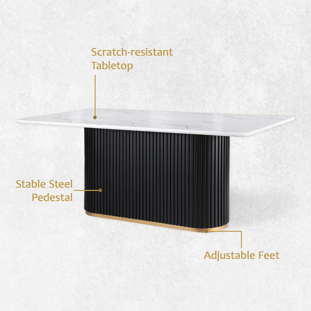 Morden Fort Modern Dining Table for 6, 70" Faux Marble Dining Table with Black Fluted Base and White Rectangle Top for Ktichen, Reception and Conference