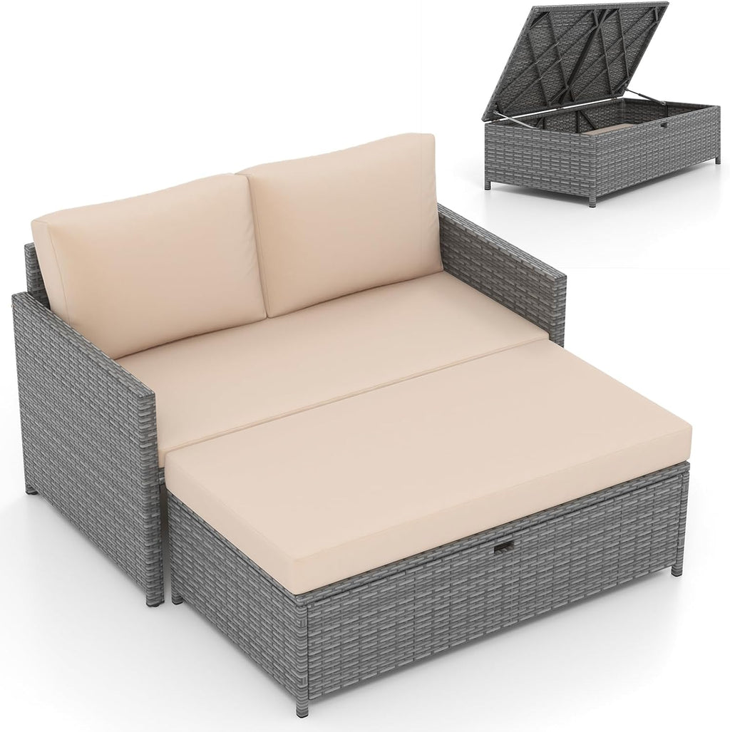 Tangkula Outdoor Rattan Daybed, Wicker Loveseat & 31 Gallon Storage Ottoman w/Soft Cushions, Space-Saving 2-Person Sun Lounger Daybed for Backyard, Porch (Beige)