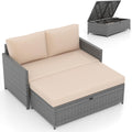Tangkula Outdoor Rattan Daybed, Wicker Loveseat & 31 Gallon Storage Ottoman w/Soft Cushions, Space-Saving 2-Person Sun Lounger Daybed for Backyard, Porch (Beige)