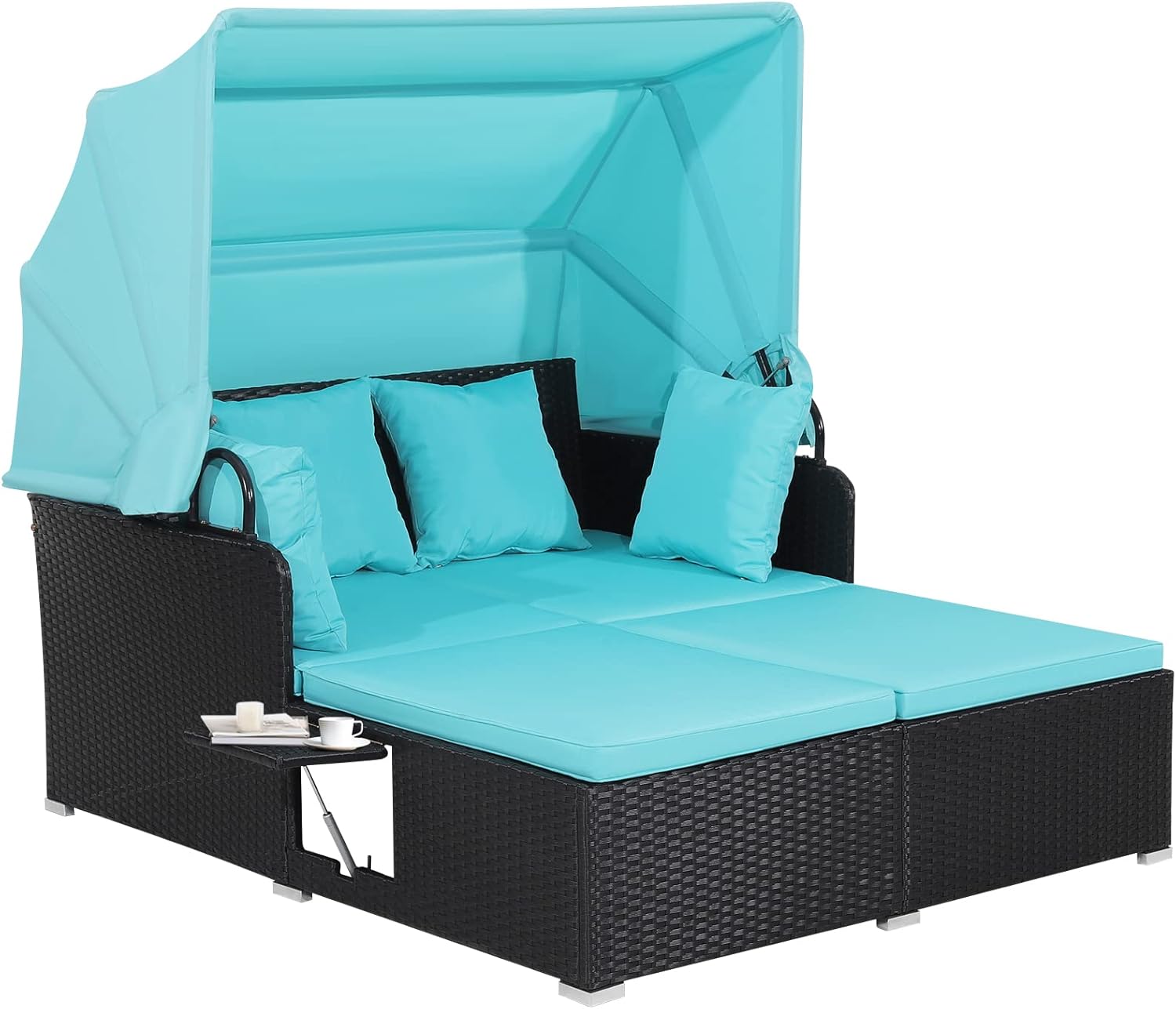 Salches Outdoor Rattan Daybed with Retractable Canopy, High-Resilient Soft Cushions, Foldable Side Trays, Outdoor Bed Loveseat for Garden, Backyard, Porch (Gray)