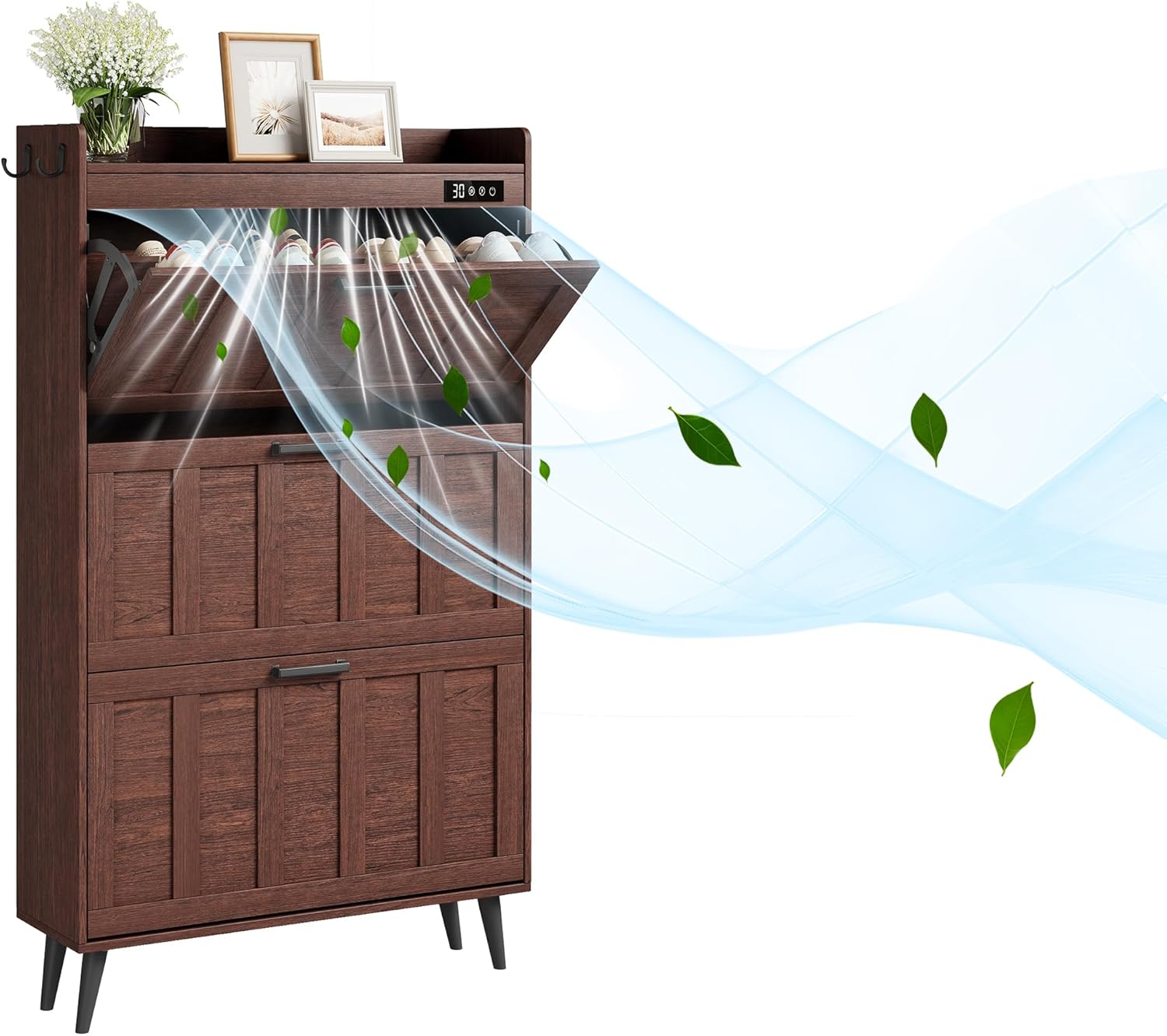 ChooChoo Shoe Storage Cabinet with 2 Flip Drawers, Deodorizing Shoe Organizer Storage for Entryway, Freestanding Hidden Slim Narrow Shoe Rack Cabinet, Walnut