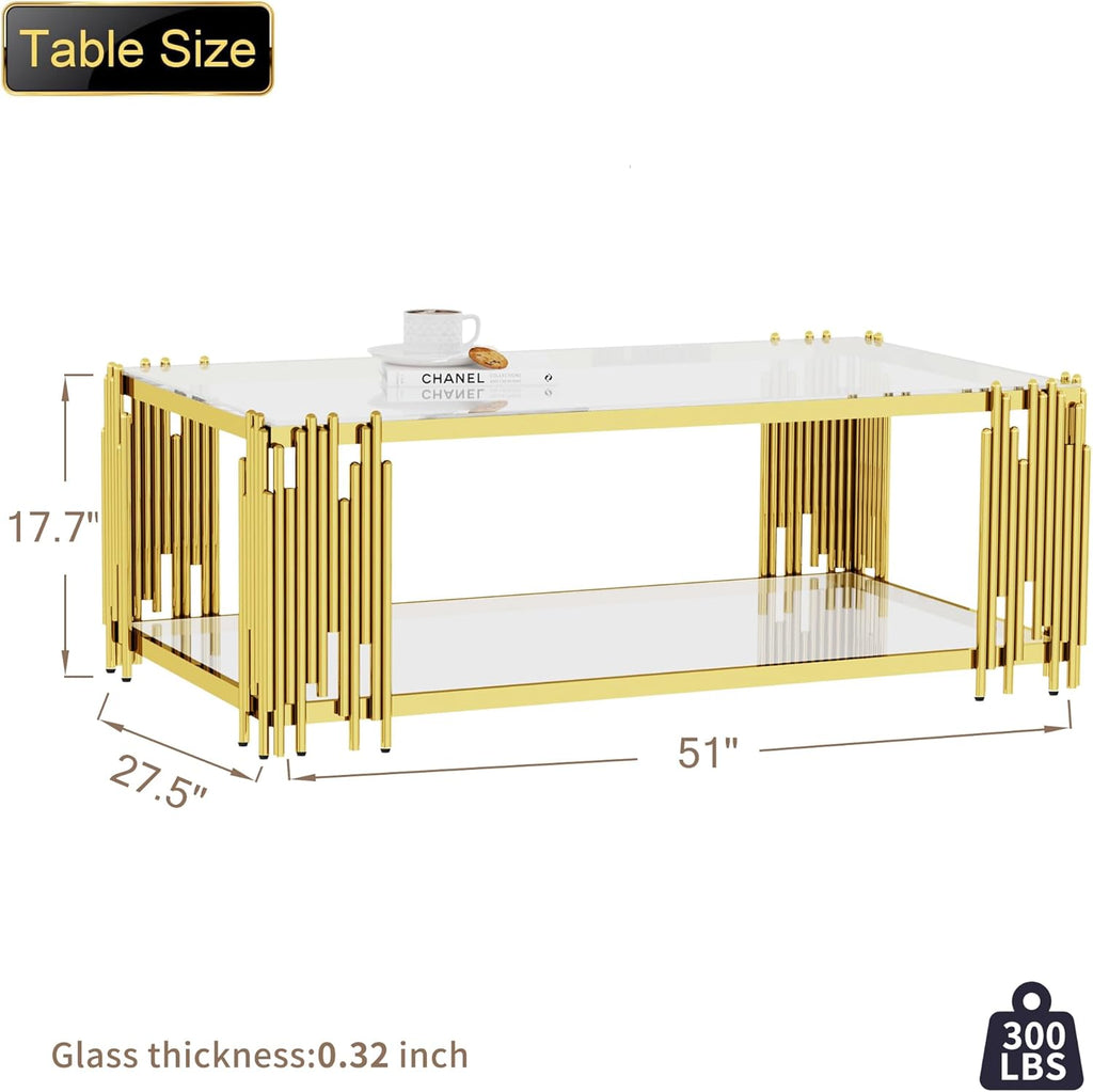 Glass Coffee Table Modern Luxury Living Room Table with Gold Stainless Steel Leg, 51" Rectangular Transparent Tempered Glass Top, for Home Office, Large