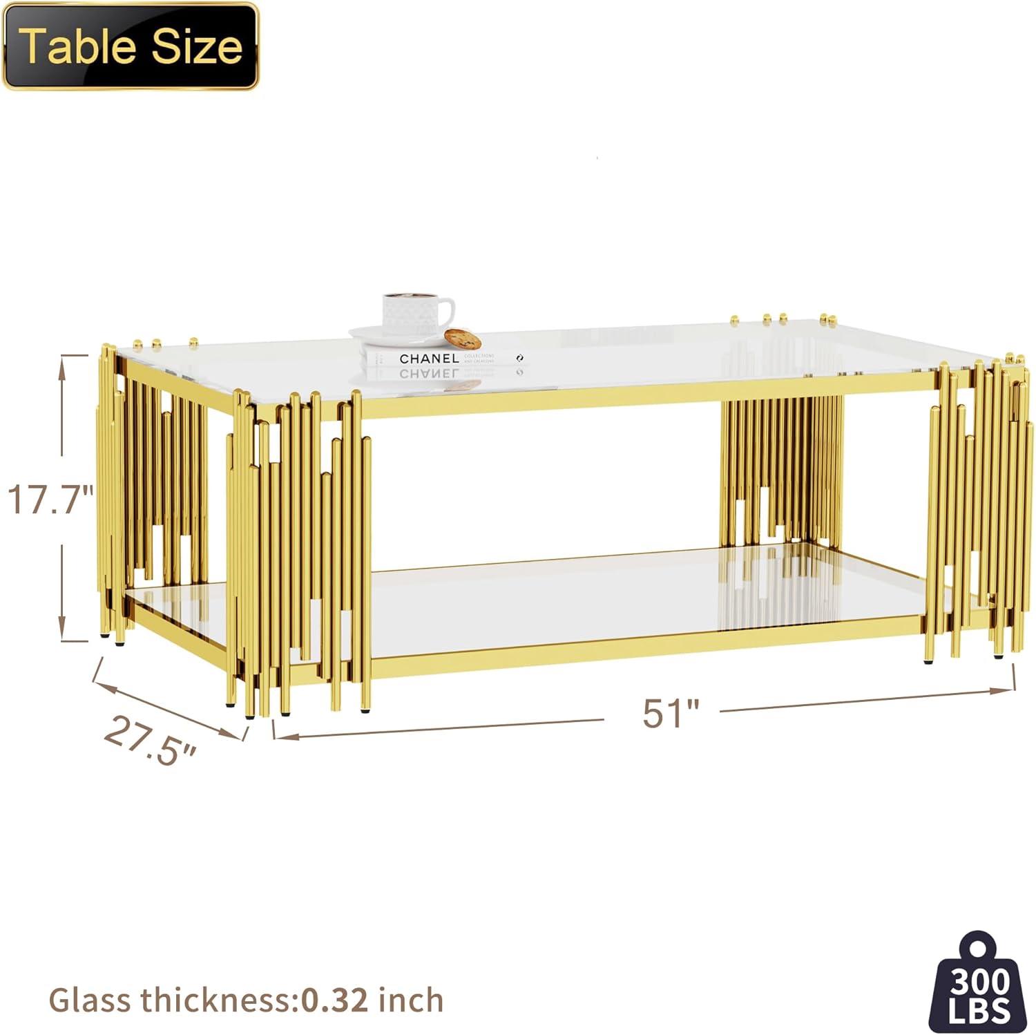 Glass Coffee Table Modern Luxury Living Room Table with Gold Stainless Steel Leg, 51" Rectangular Transparent Tempered Glass Top, for Home Office, Large