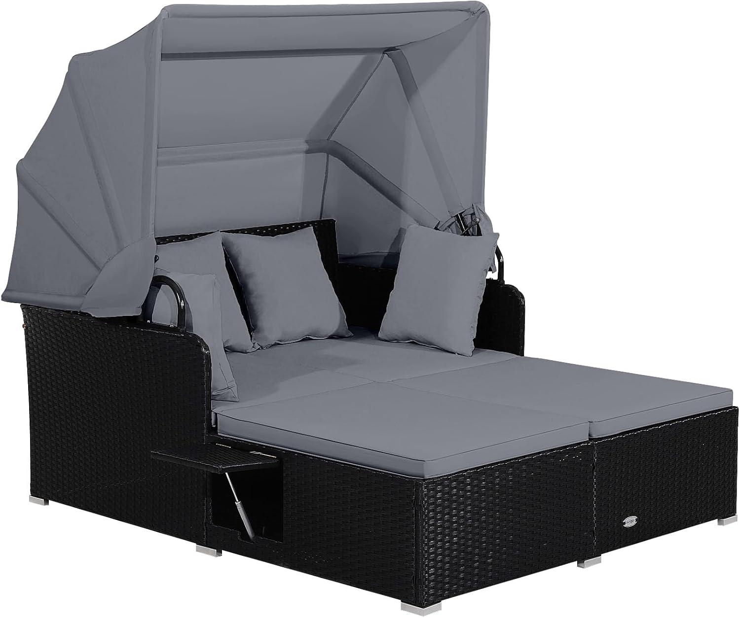 Tangkula Outdoor Rattan Daybed, Wicker Furniture with Spacious Seat, Upholstered Cushion & High-Resilience Sponge, Patio Sofa Set with 4 Pillows, 2-Person Sunbed for Poolside Backyard Garden & Balcony