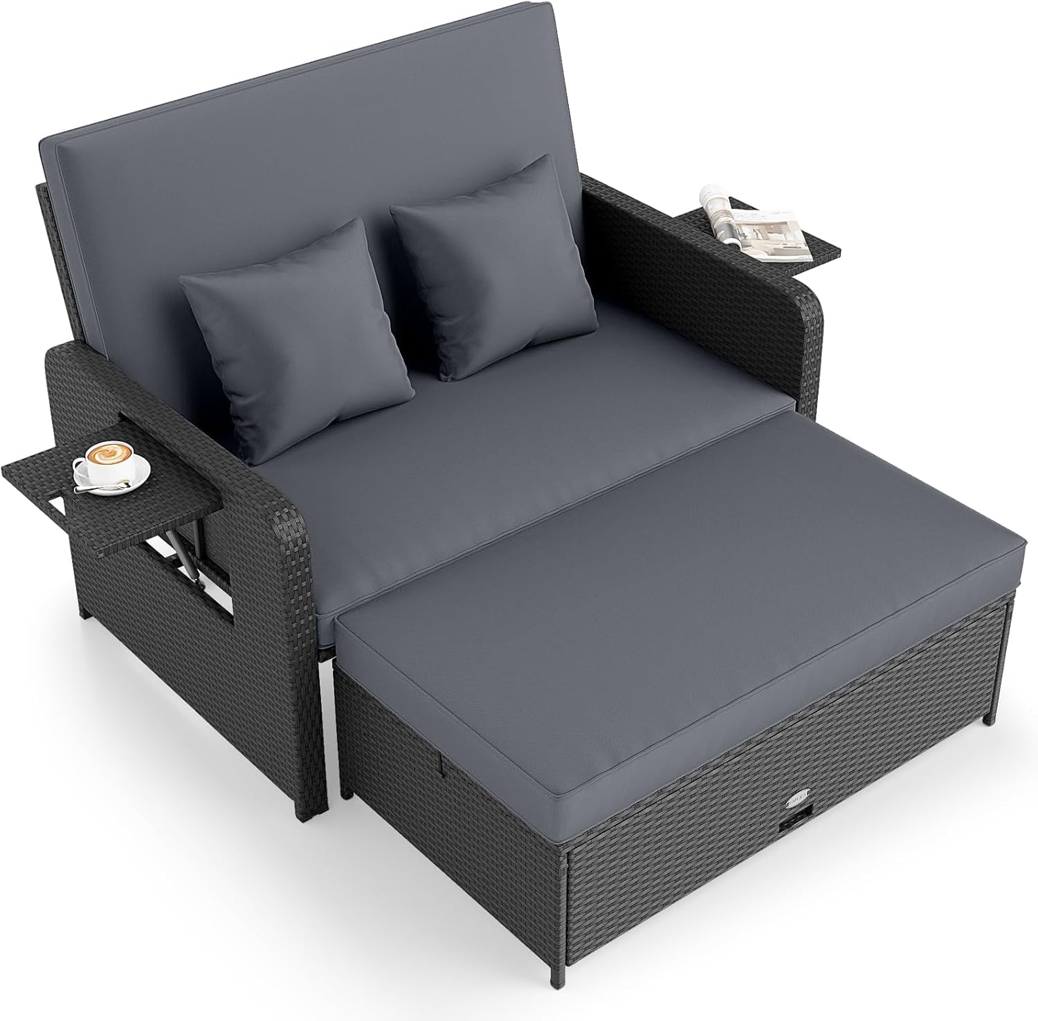 Tangkula Patio Rattan Daybed with 4-Level Adjustable Backrest, Outdoor PE Wicker Loveseat with Storage Ottoman & Folding Side Tray, Double Sunbed Lounger for Balcony, Backyard & Poolside, Turquoise