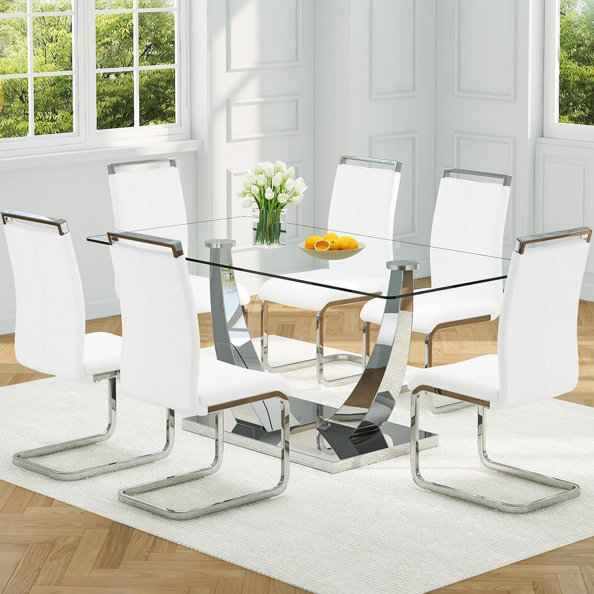 Faux Marble Dining Table Set for 6,71” Modern Dining Room Table Set for 6,Luxury Gold Kitchen Table and 6 White PU Leather Chairs, Rectangular Tempered Glass Table Set with Glossy Marble Top