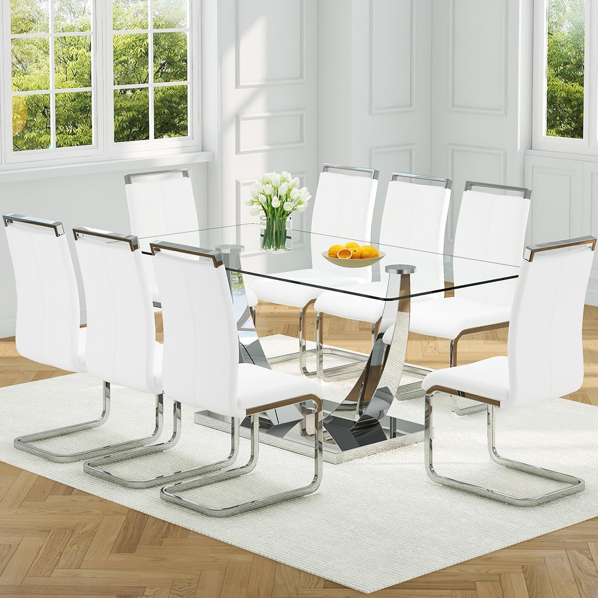 Faux Marble Dining Table Set for 6,71” Modern Dining Room Table Set for 6,Luxury Gold Kitchen Table and 6 White PU Leather Chairs, Rectangular Tempered Glass Table Set with Glossy Marble Top