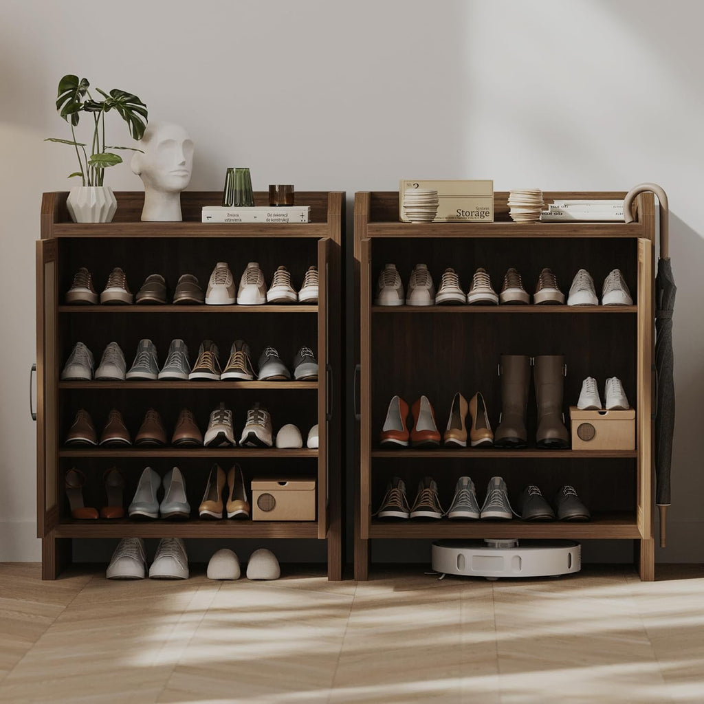 Mericonia Shoe Cabinet Storage for Entryway, Natural Rattan Storage Cabinet, Wooden Shoe Rack, Farmhouse Boho Wood Shoe Organizer Cabinet for Hallway Walnut