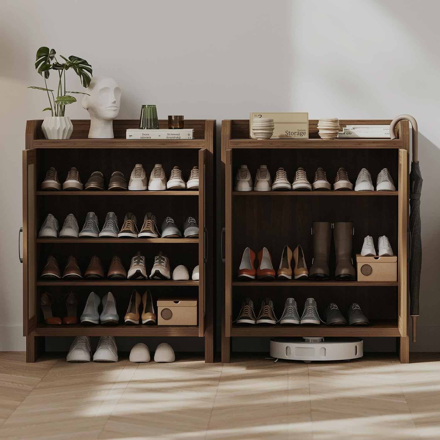 Mericonia Shoe Cabinet Storage for Entryway, Natural Rattan Storage Cabinet, Wooden Shoe Rack, Farmhouse Boho Wood Shoe Organizer Cabinet for Hallway Walnut