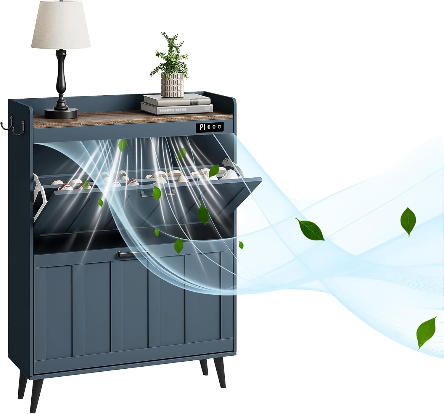 ChooChoo Shoe Storage Cabinet with 2 Flip Drawers, Deodorizing Shoe Organizer Storage for Entryway, Freestanding Hidden Slim Narrow Shoe Rack Cabinet, Walnut