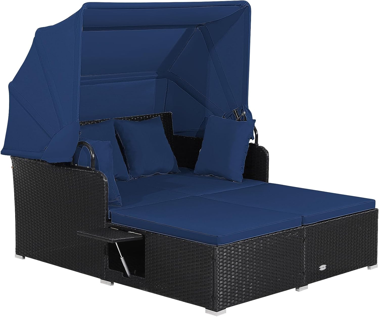 Tangkula Outdoor Rattan Daybed, Wicker Furniture with Spacious Seat, Upholstered Cushion & High-Resilience Sponge, Patio Sofa Set with 4 Pillows, 2-Person Sunbed for Poolside Backyard Garden & Balcony