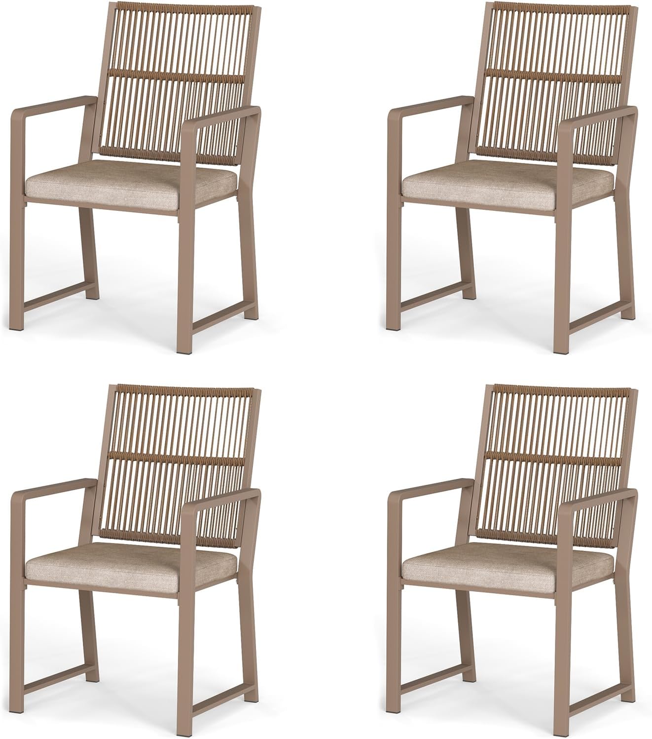 Aluminum Outdoor Patio Dining Chairs - Imitation Rope Vine Chair Ergonomic Backrest Design Detachable Seat Cushion Soft and Breathable Garden Porch, Light Brown Set of 2