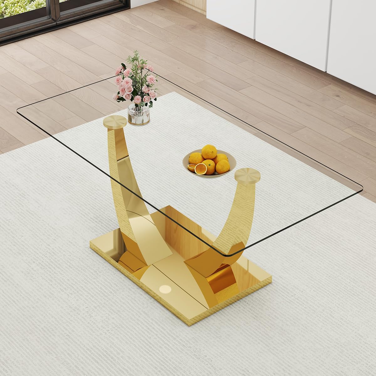 71”Faux Marble Dining Table, Dining Room Table for 6-8, Gold Kitchen Table,0.4 Thickened Marble Pattern Tempered Glass Top with Golden Rectangular Base