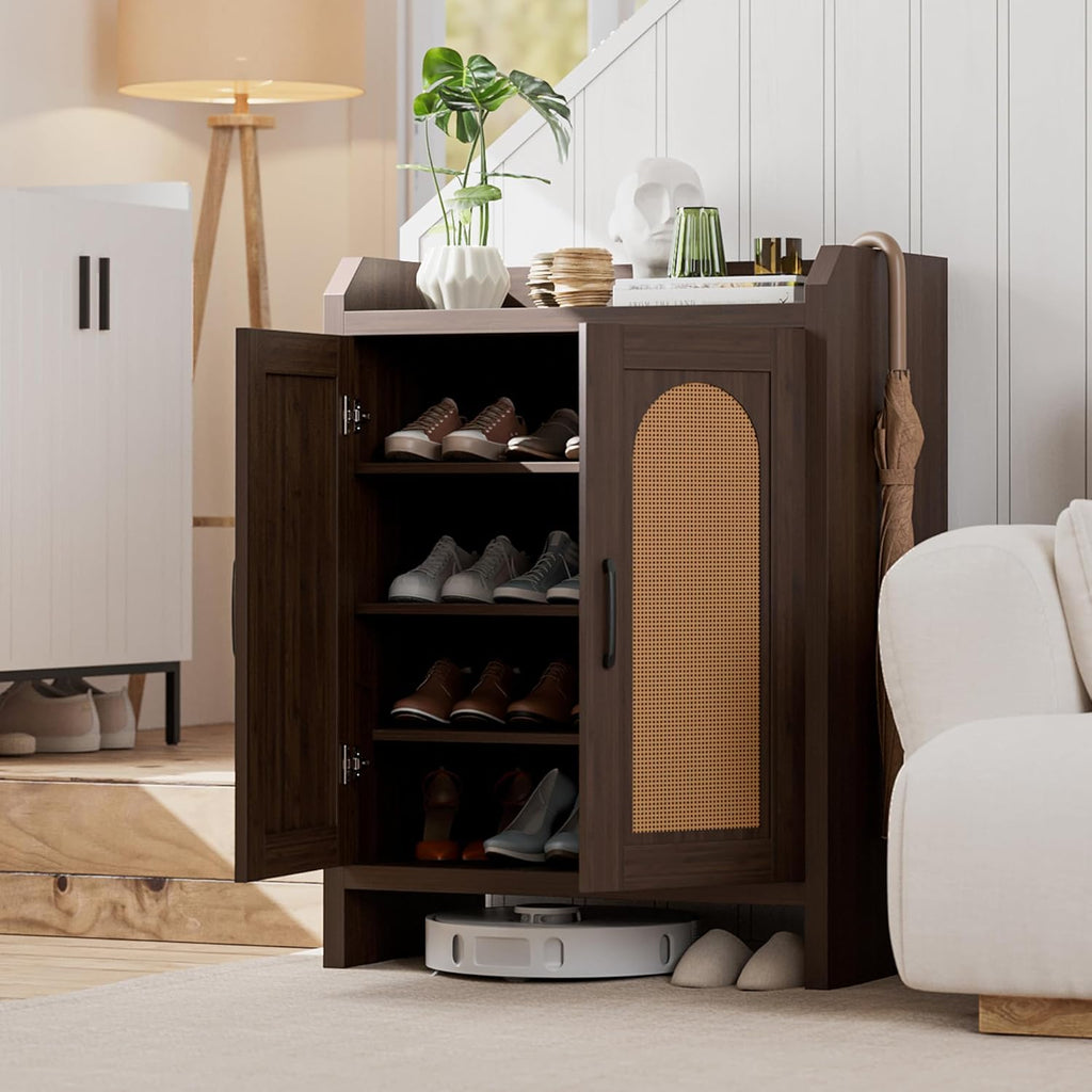 Mericonia Shoe Cabinet Storage for Entryway, Natural Rattan Storage Cabinet, Wooden Shoe Rack, Farmhouse Boho Wood Shoe Organizer Cabinet for Hallway Walnut