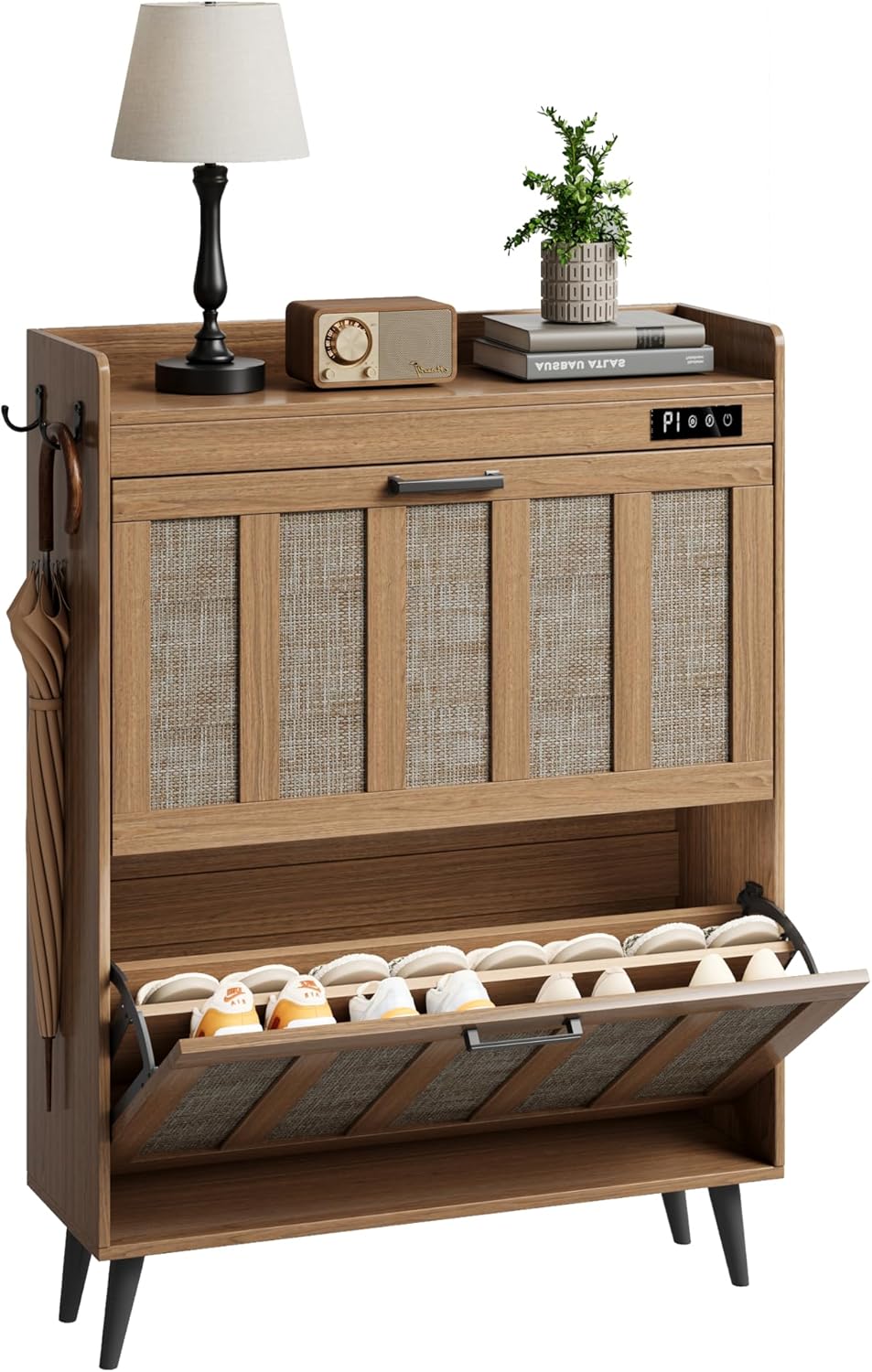 ChooChoo Shoe Storage Cabinet with 2 Flip Drawers, Deodorizing Shoe Organizer Storage for Entryway, Freestanding Hidden Slim Narrow Shoe Rack Cabinet, Walnut