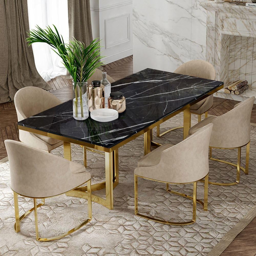 POVISON Marble Dining Table for 6, Modern Dining Room Table 71" for Kitchen & Dining Room, Luxury White Marble Table Top with Gold Trestle Pedestal(Dining Table Only)
