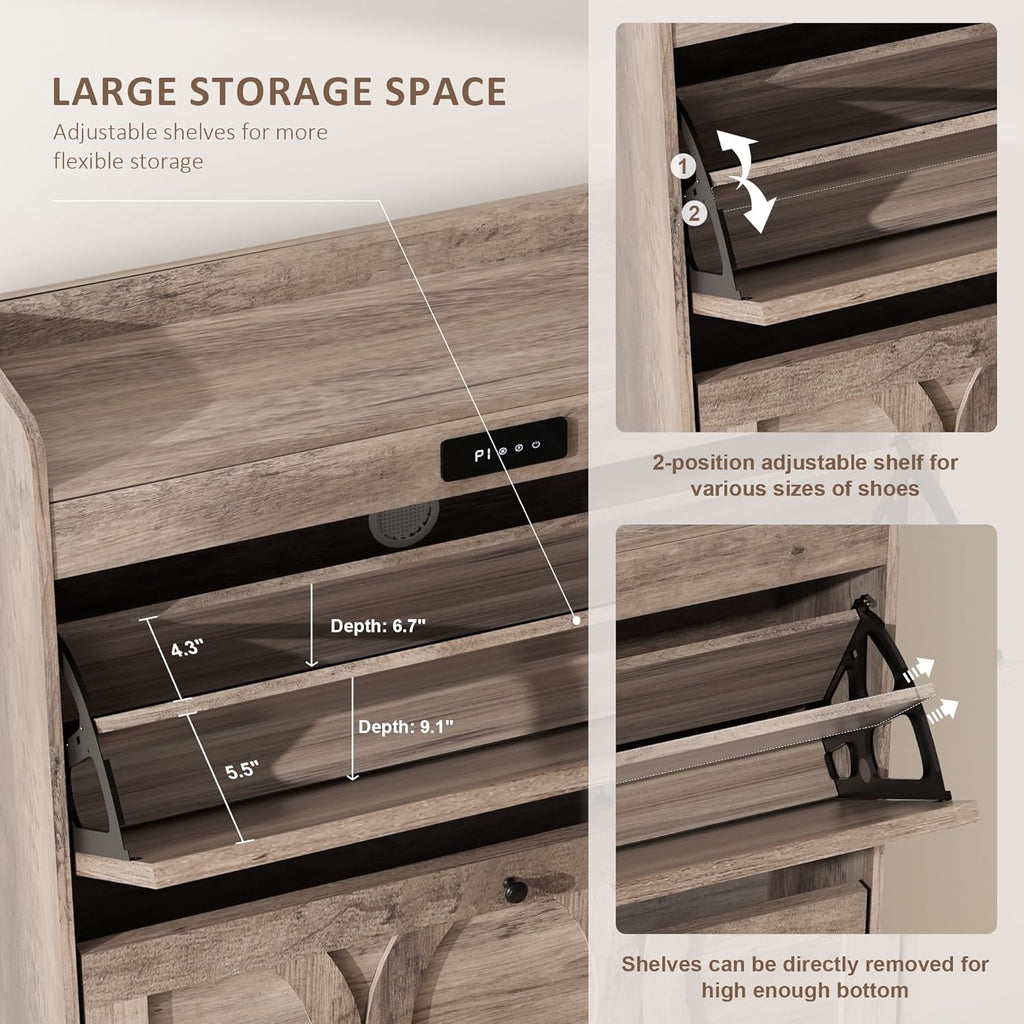 Elevon Deodorizing Shoe Storage Cabinet with 2 Flip Drawers, LED Touchscreen Freestanding Shoe Organizer with Wooden Leg, Narrow Shoe Rack Cabinet for Hallway, Bedroom and Entryway,Gray