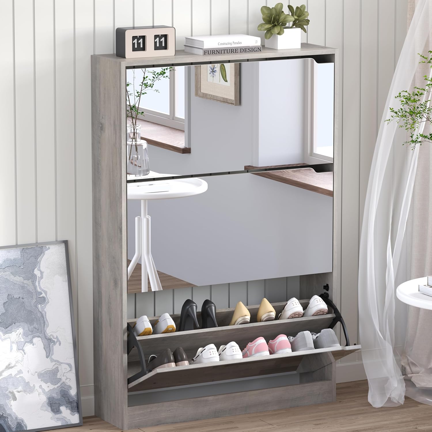 Shoe Cabinet with 4 Flip Drawers, Narrow Hidden Shoe Storage Cabinet, Slim Freestanding Shoe Rack Organizer for Entryway, Hallway, Bedroom, Living Room