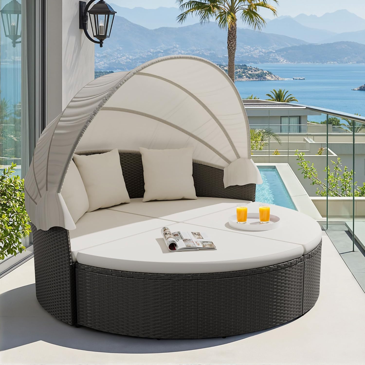 Devoko Patio Furniture Outdoor Round Daybed with Retractable Canopy Wicker Rattan Separated Seating Sectional Sofa for Patio Lawn Garden Backyard Porch