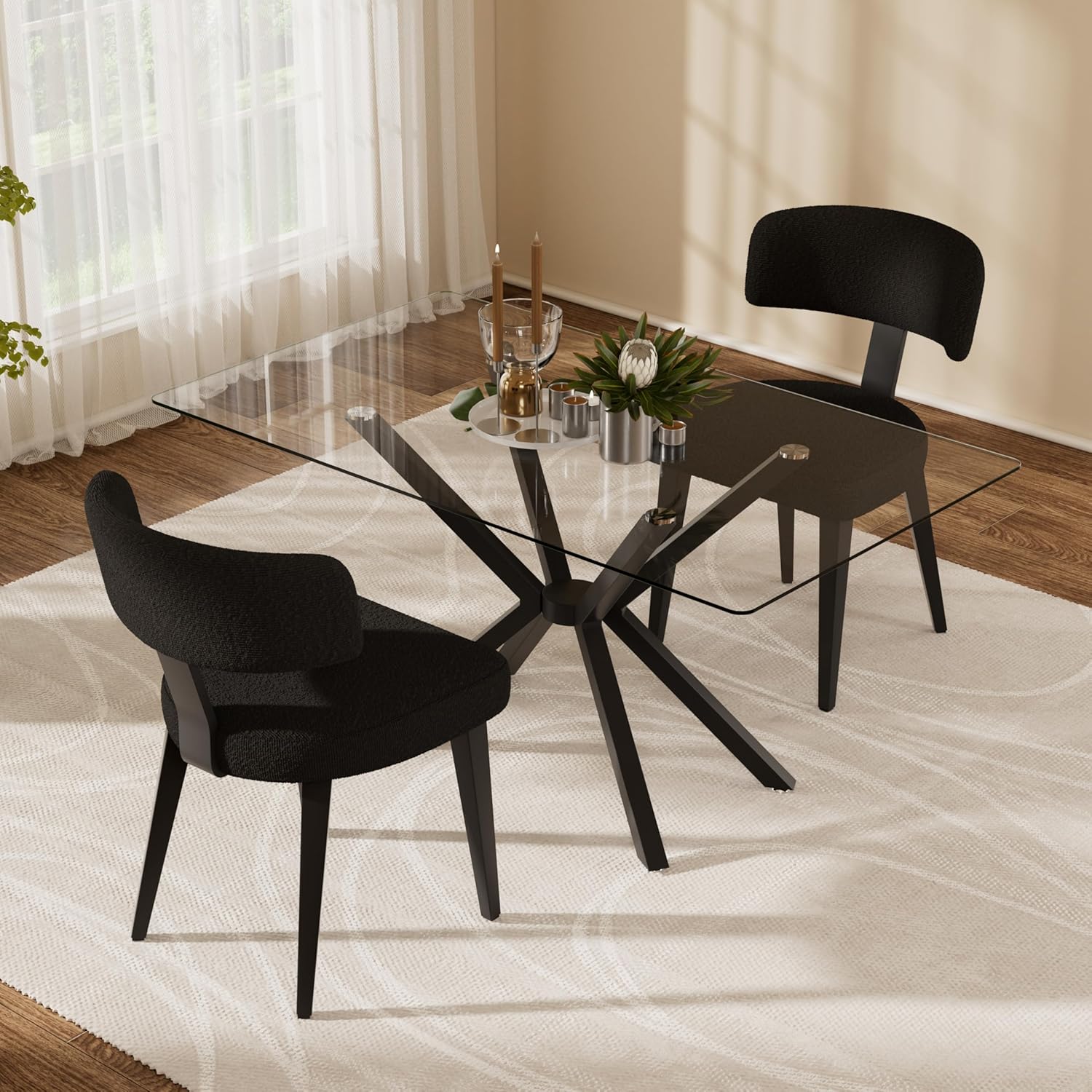 Luxury Modern Dining Set, 47" Glass Table with 4 Boucle Dining Chairs, Kitchen Table with Stable Metal Legs(All Black)