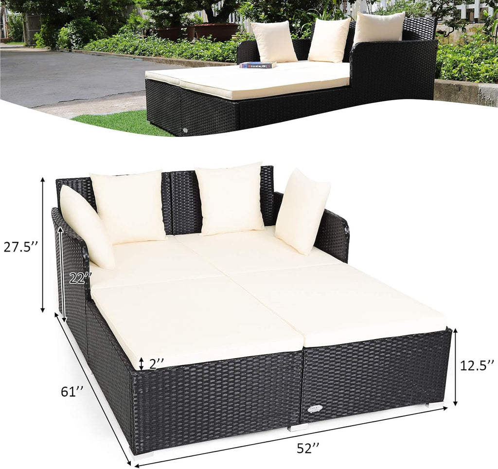 Tangkula Outdoor Rattan Daybed, Wicker Furniture with Spacious Seat, Upholstered Cushion & High-Resilience Sponge, Patio Sofa Set with 4 Pillows, 2-Person Sunbed for Poolside Backyard Garden & Balcony