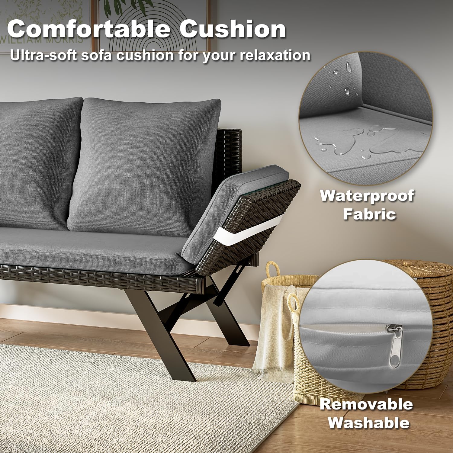 TAVATA Outdoor Convertible Sofa, PE Woven Rattan Patio Loveseat with Adjustable Armrests & Removable Cushions, Outdoor Daybed or Balcony Couch with 2 Pillows for Patio, Porch, Poolside (Grey)