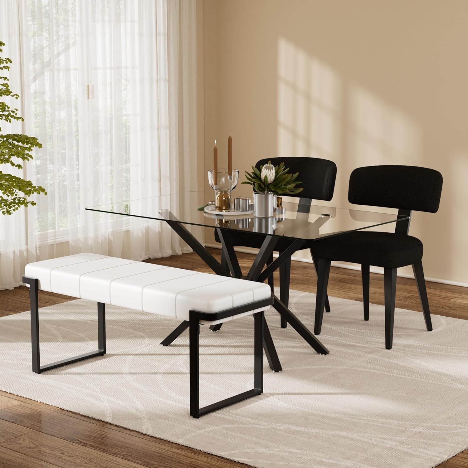 Luxury Modern Dining Set, 47" Glass Table with 4 Boucle Dining Chairs, Kitchen Table with Stable Metal Legs(All Black)