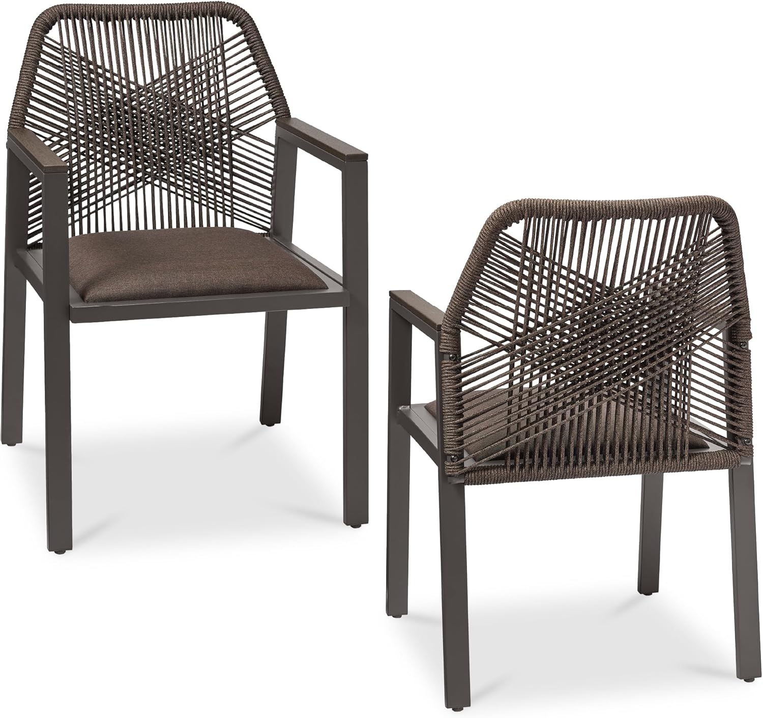 Best Choice Products Outdoor Dining Arm Chair Set of 2, Aluminum Frame with Armrest, All-Weather Woven Rope Chair Design - Black/Obsidian