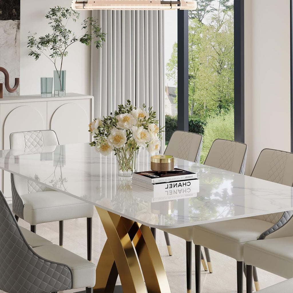 Marble Dining Table for 8-10 People, 79 inch Luxury Modern Dining Table with Marble Tabletop and Gold Metal Base, Modern Kitchen Table for Living Room Home (Table Only)