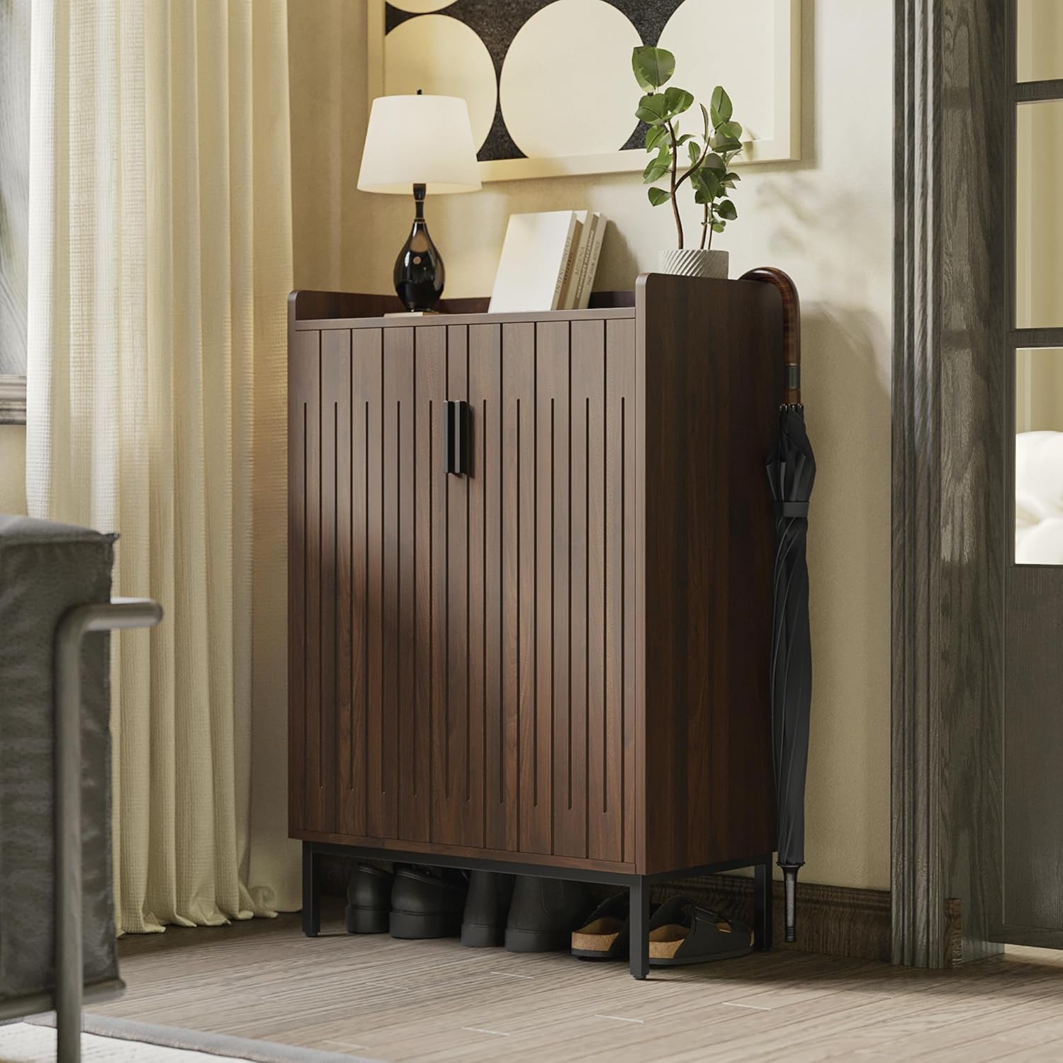 Mericonia Farmhouse Shoe Cabinet with Doors, Modern Large 5-Tier Shoe Storage Cabinet with Adjustable Shelves, Wooden Shoe Organizer for Entryway, Hallway, Closet, Bedroom, Living Room