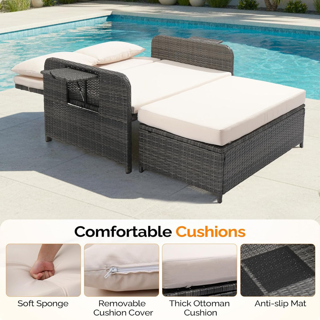 VINGLI Patio Daybed, Wicker Outdoor Daybed with Storage Ottoman & 5-Level Adjustable Backrest, All-Weather Rattan Cushioned Patio Loveseat Sofa for Garden Balcony Backyard (Beige, Gray)