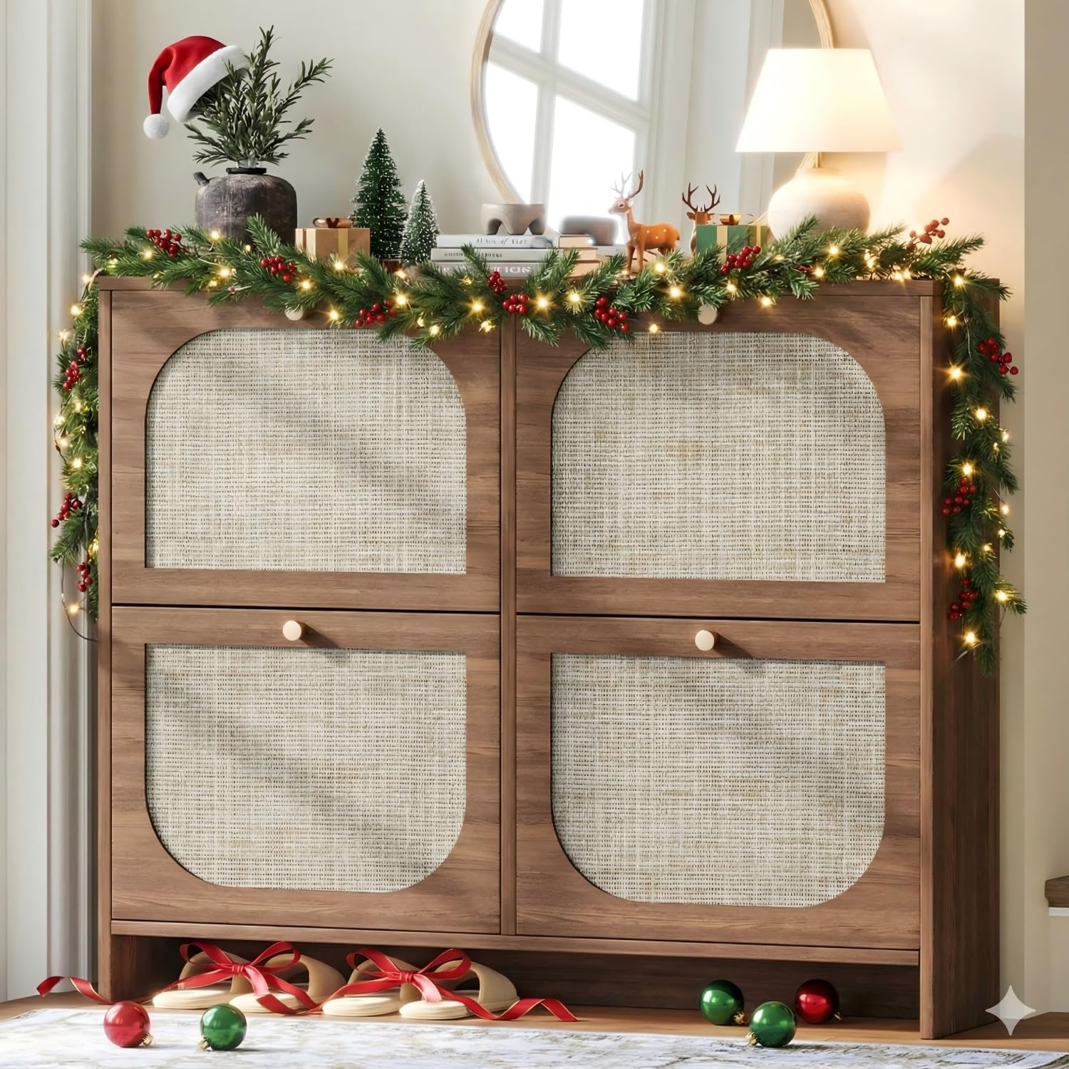 Nicetree Freestanding Ultra Slim Arched Rattan Accent Shoe Storage Cabinet for Entryway - 4 Flip Drawers & 3-Tier Adjustable Shelves, Farmhouse Modern Rustic Shoe Rack for Hallway, Foyer