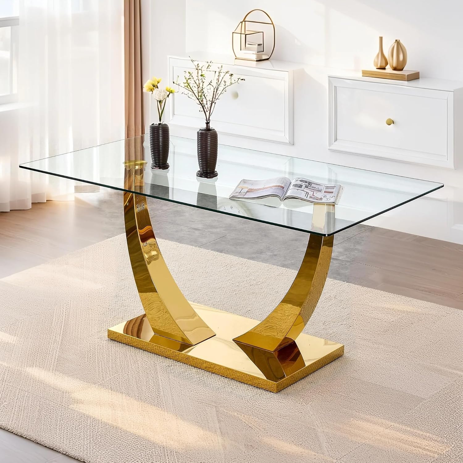 71”Faux Marble Dining Table, Dining Room Table for 6-8, Gold Kitchen Table,0.4 Thickened Marble Pattern Tempered Glass Top with Golden Rectangular Base