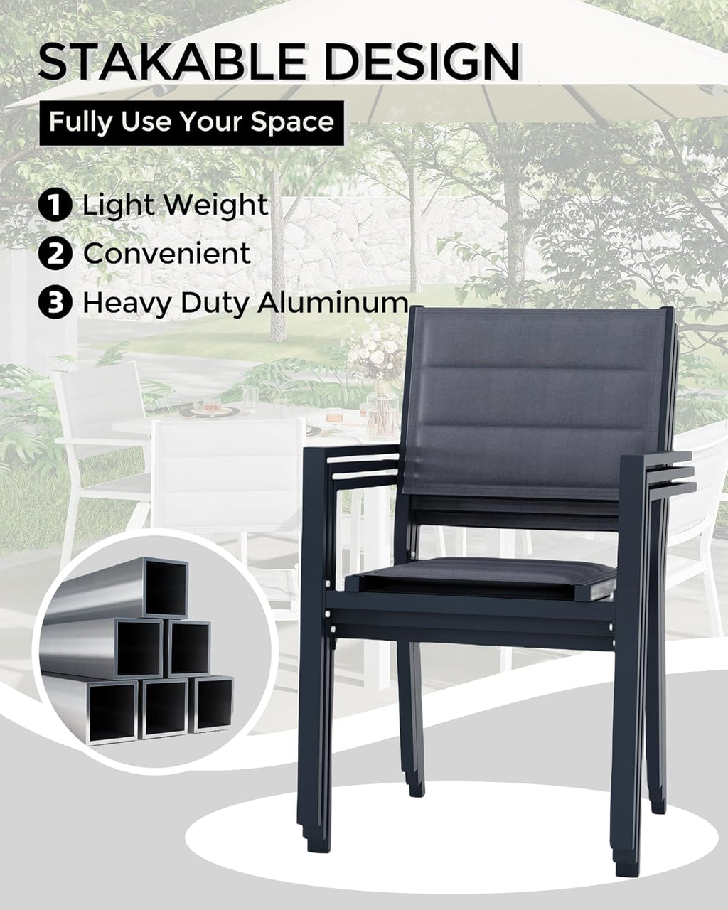 4 Piece Aluminum Patio Stackable Dining Chairs Set, Outdoor Metal Lightweight Stacking Dining Chair with Textilene Fabric, for Backyard Lawn Deck Poolside Porch Bistro, Dark Grey