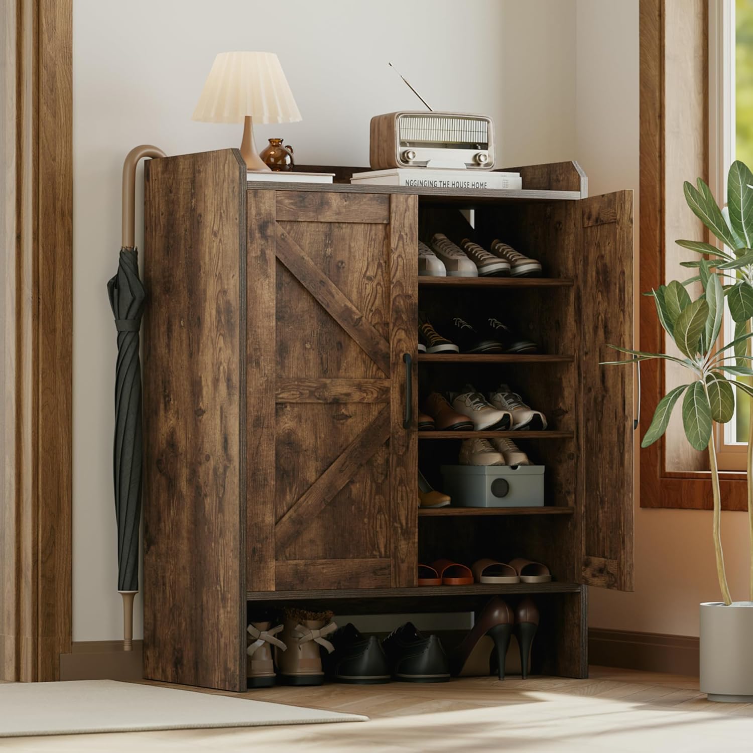 Mericonia Farmhouse Shoe Cabinet with Doors, Modern Large 5-Tier Shoe Storage Cabinet with Adjustable Shelves, Wooden Shoe Organizer for Entryway, Hallway, Closet, Bedroom, Living Room