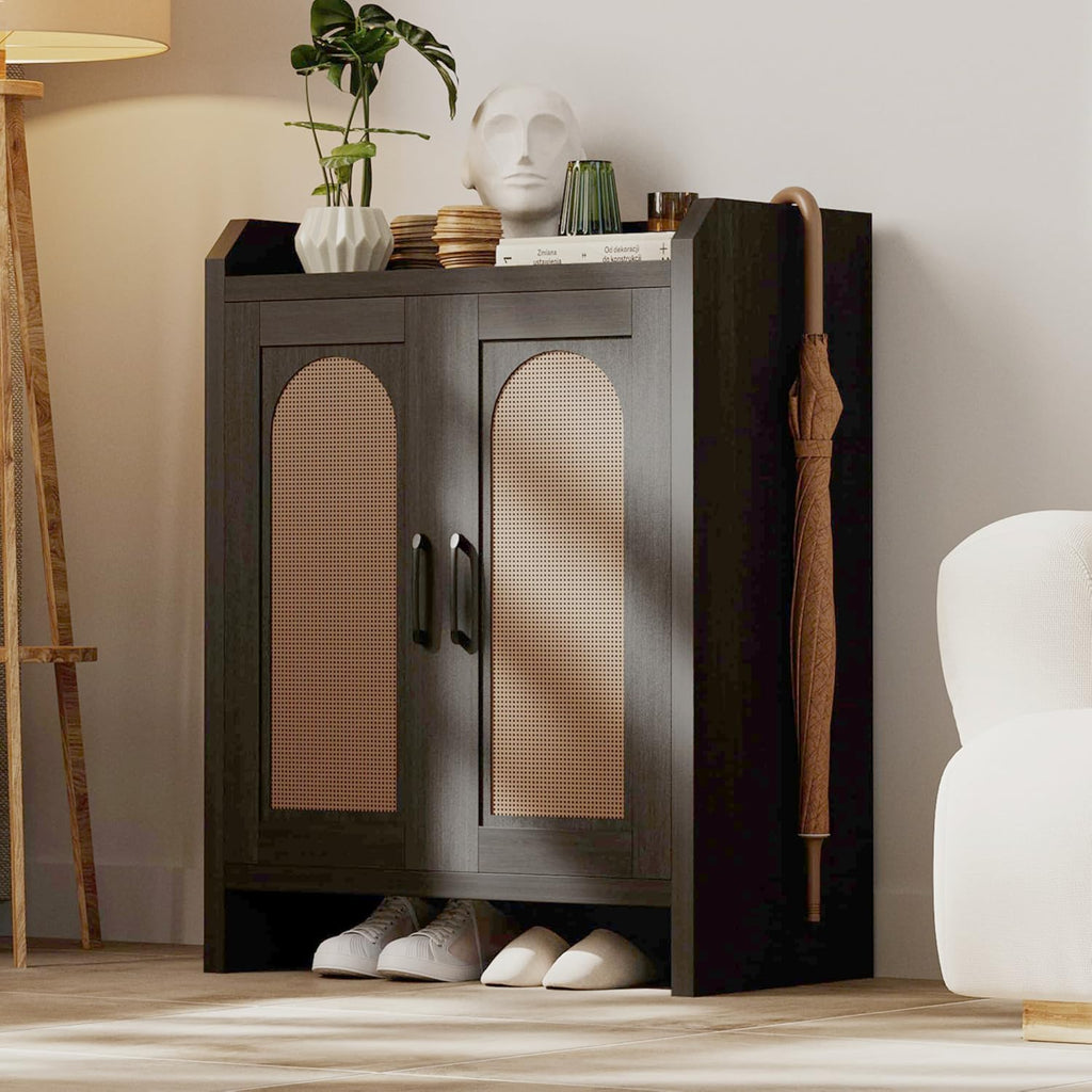 Mericonia Shoe Cabinet Storage for Entryway, Natural Rattan Storage Cabinet, Wooden Shoe Rack, Farmhouse Boho Wood Shoe Organizer Cabinet for Hallway Walnut