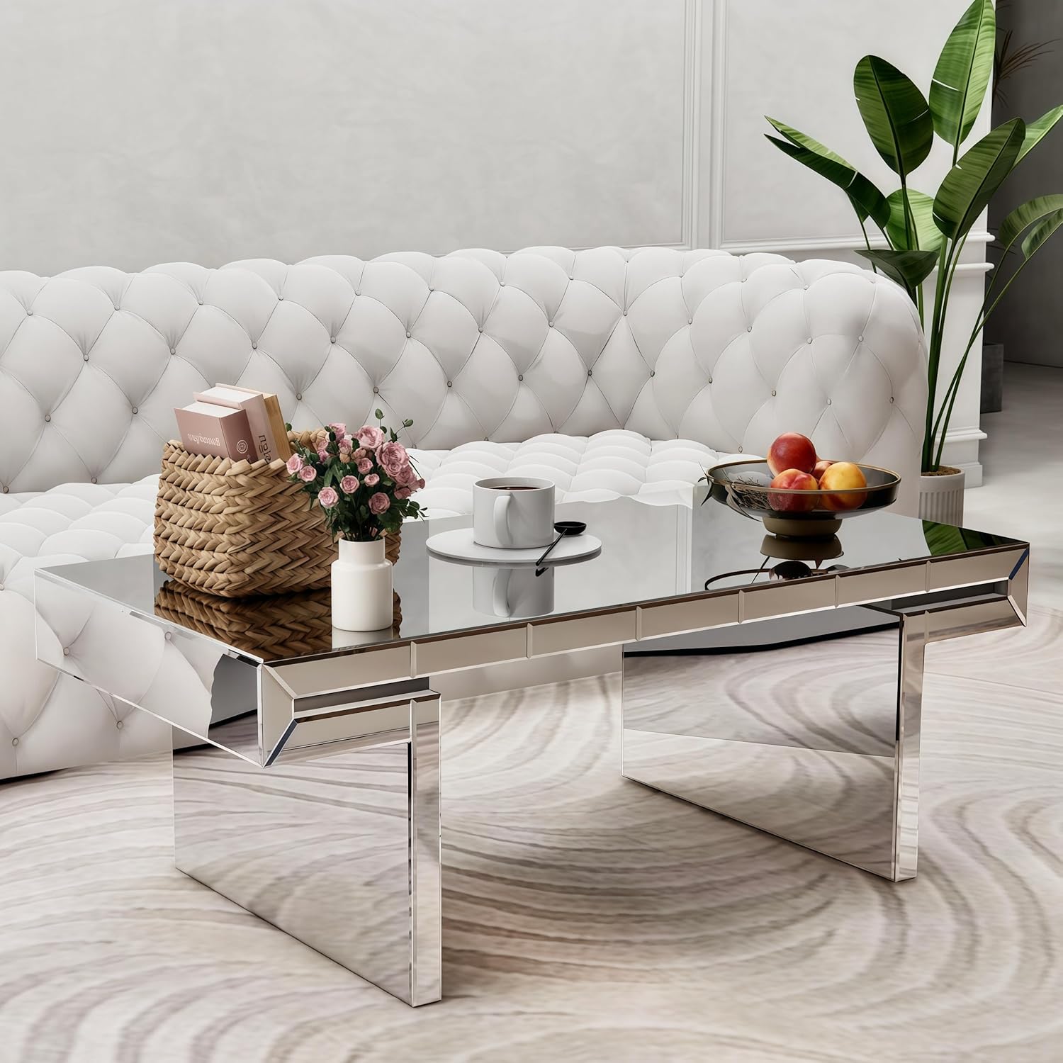 Silver Mirrored Coffee Table 31.5" Square Center Table with Sparkling Crystal Base Modern Luxury Mirrored Coffee Cocktail Tables with Diamond Glass Finish for Living Room Bedroom