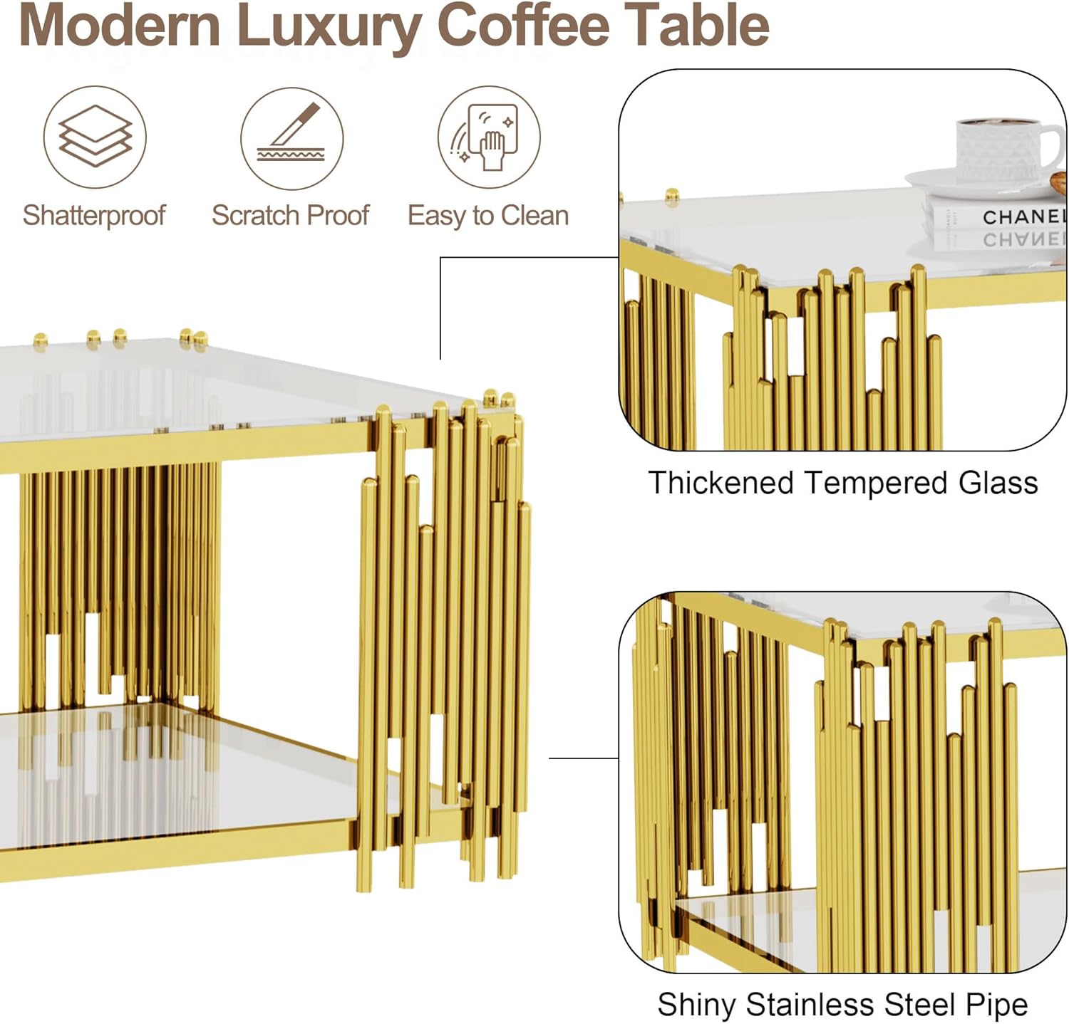 Glass Coffee Table Modern Luxury Living Room Table with Gold Stainless Steel Leg, 51" Rectangular Transparent Tempered Glass Top, for Home Office, Large