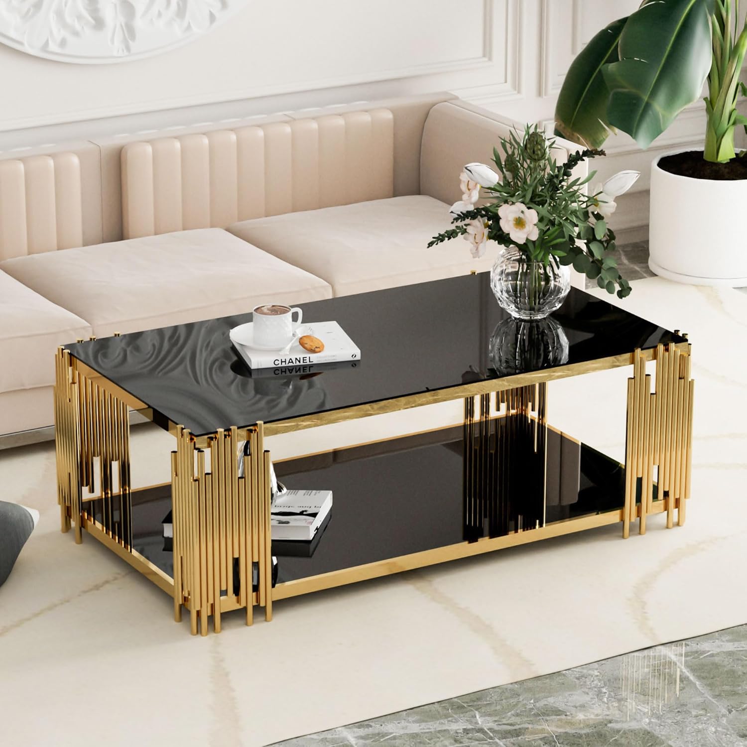 Glass Coffee Table Modern Luxury Living Room Table with Gold Stainless Steel Leg, 51" Rectangular Transparent Tempered Glass Top, for Home Office, Large