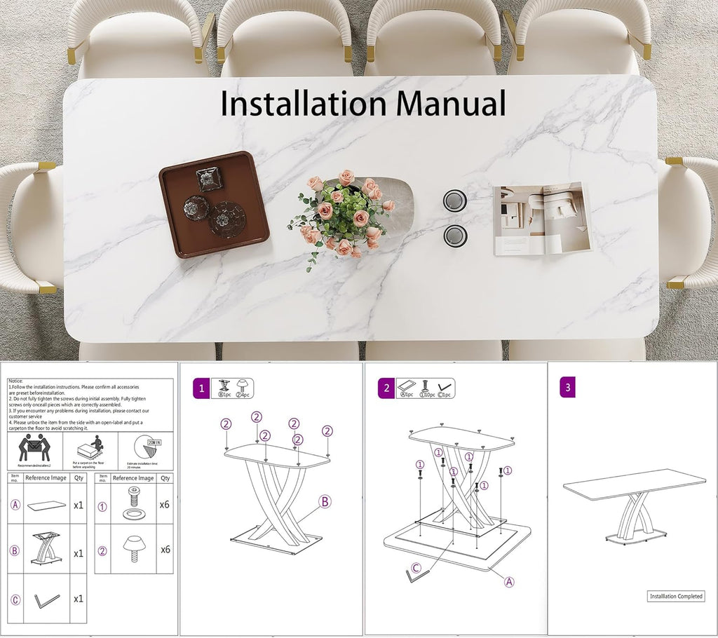 Marble Dining Table for 8-10 People, 79 inch Luxury Modern Dining Table with Marble Tabletop and Gold Metal Base, Modern Kitchen Table for Living Room Home (Table Only)