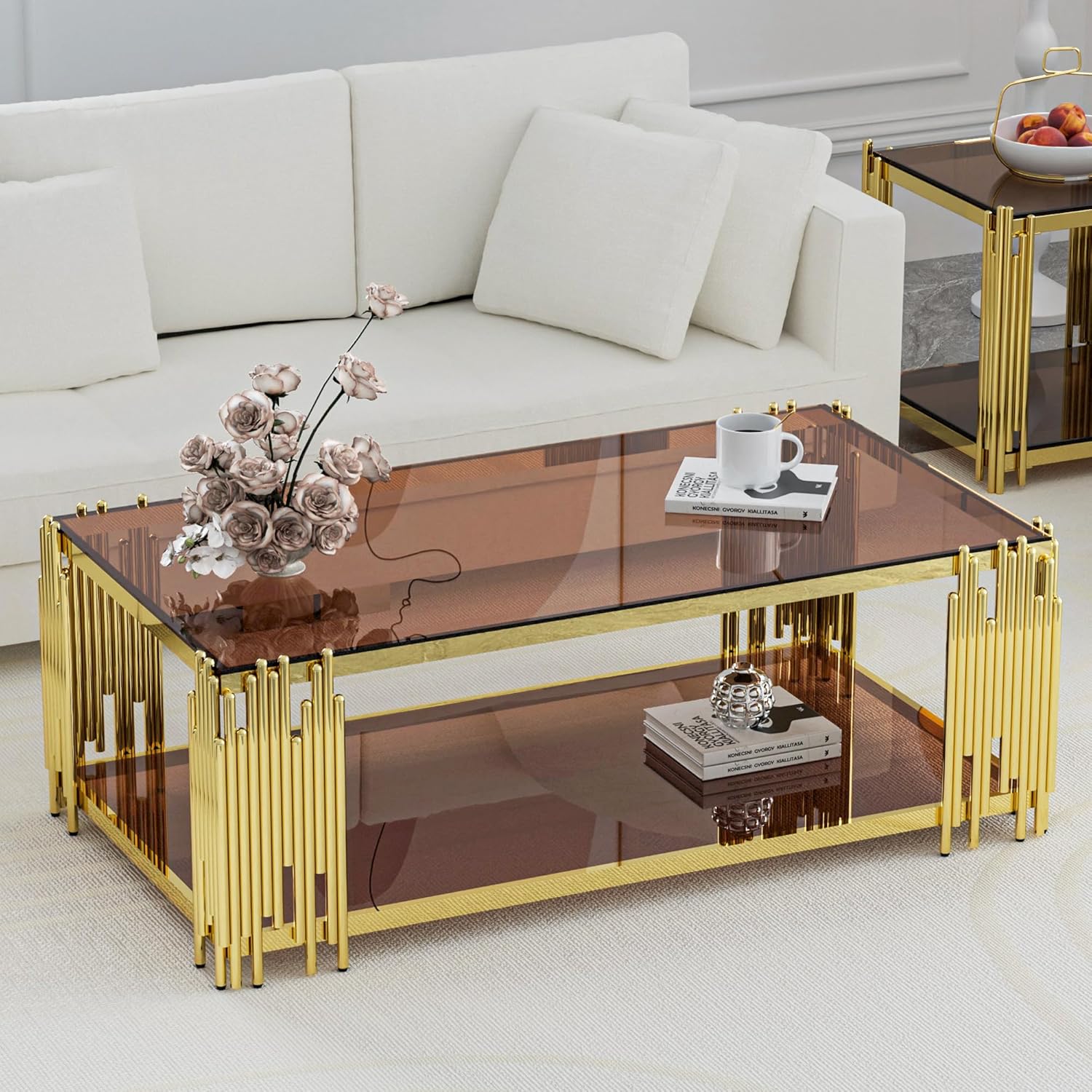 Glass Coffee Table Modern Luxury Living Room Table with Gold Stainless Steel Leg, 51" Rectangular Transparent Tempered Glass Top, for Home Office, Large